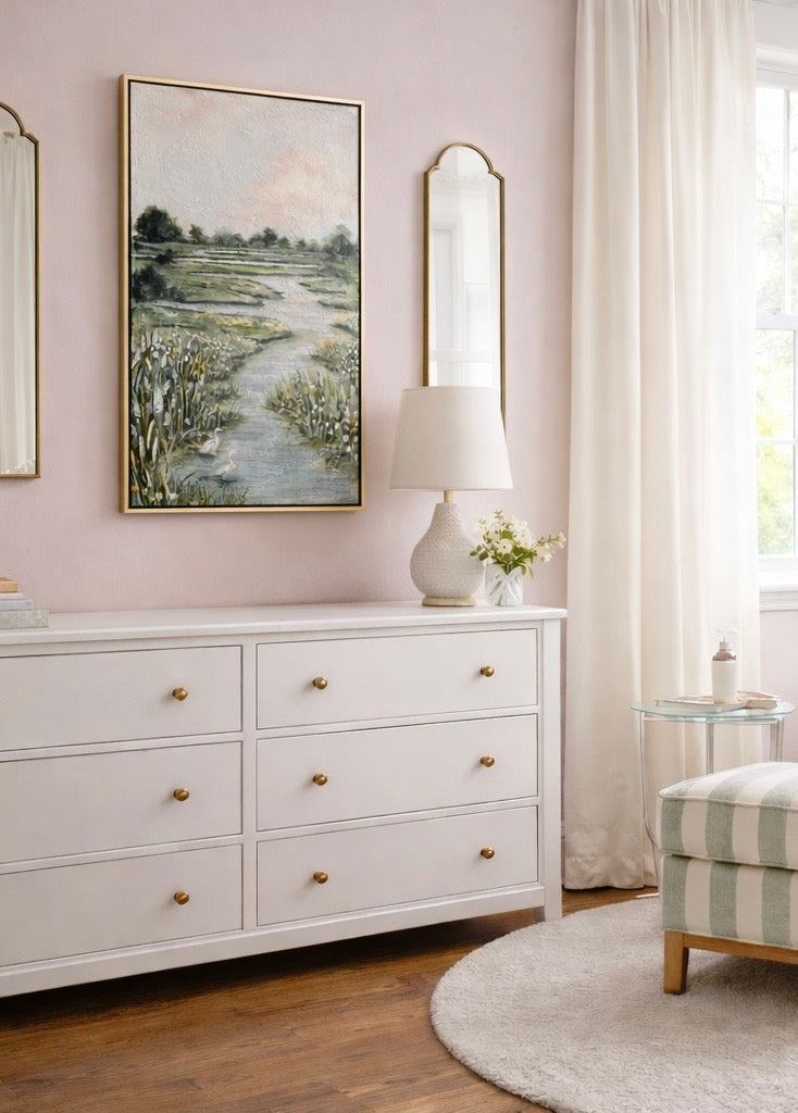 Floral Marsh — framed view in setting, acrylic on canvas in bronze floating frame by Sally Burroughs