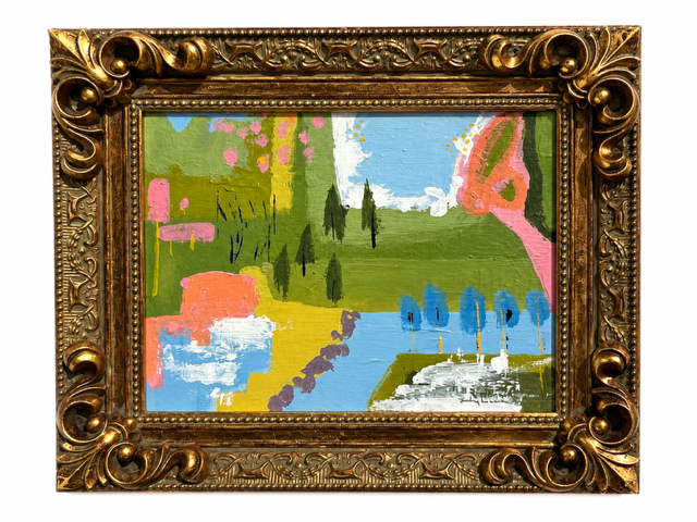 Original painting Pink Sands in a gold ornate frame, horizontal orientation