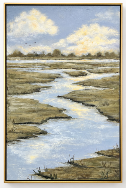 Reflections — full painting styled in living room, acrylic on canvas in gold floating frame by Sally Burroughs