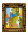 Original painting Blue Skies in a gold ornate frame, vertical orientation