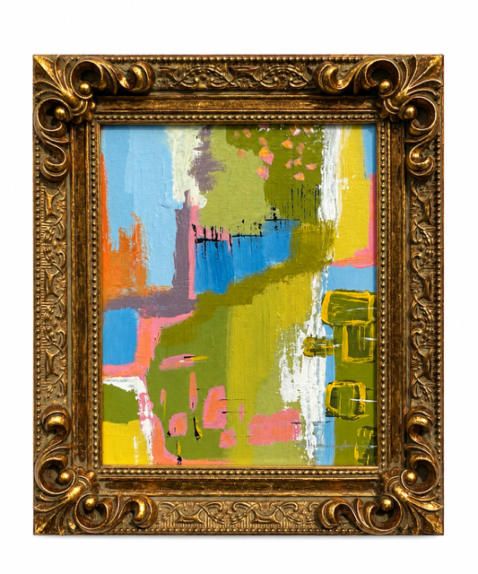 Original painting Blue Skies in a gold ornate frame, vertical orientation