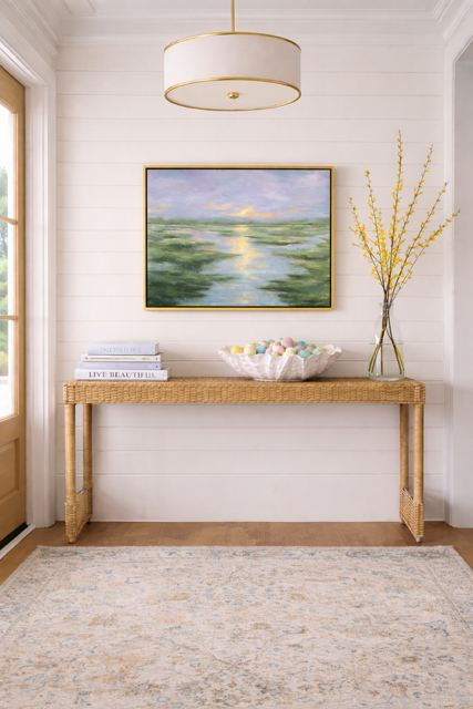 Purple Haze — styled in entryway above console table, acrylic on canvas in bronze floating frame by Sally Burroughs
