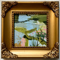 Dreaming of Eleuthera Mini No. 1 — original acrylic on board in antique gold frame, bold red circle composition by Sally Burroughs