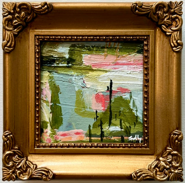 Dreaming of Eleuthera Mini No. 2 — original acrylic on board in antique gold frame, soft botanical composition with pink blossoms by Sally Burroughs