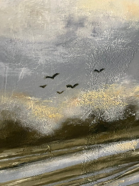 Reflections — detail of birds in flight over marsh