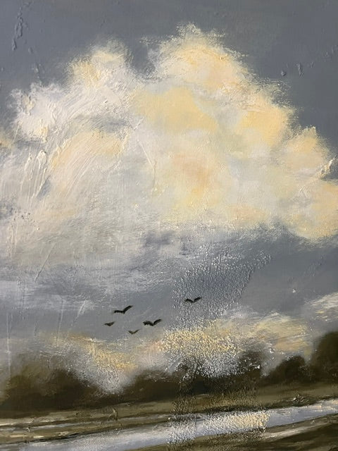 Reflections — detail of sky and billowing clouds with marsh birds