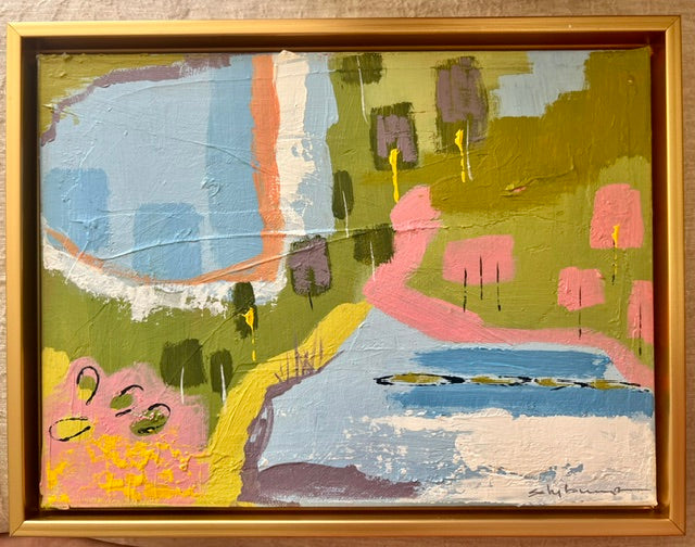 Dreaming of Eleuthera original acrylic painting by Sally Burroughs, full view in gold float frame