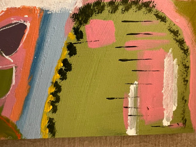 Detail shot of Gregory Town — olive green and pink landscape marks