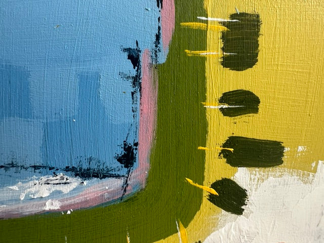 Detail shot of Gregory Town — blue and olive abstract forms