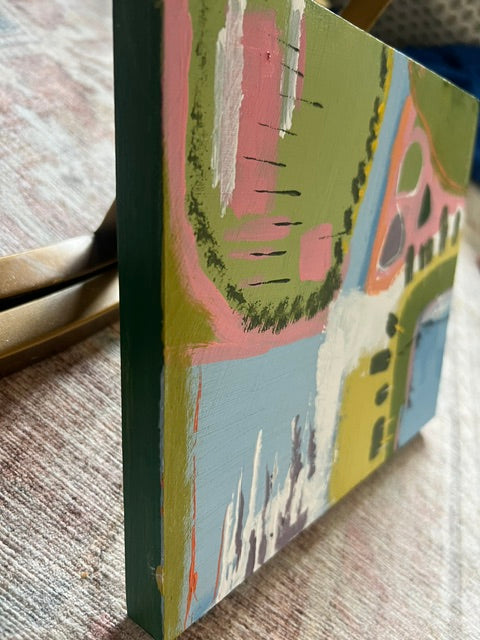 Gregory Town original acrylic painting on wooden panel by Sally Burroughs, side view