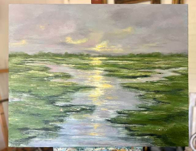 Purple Haze — unframed canvas on easel, detail of marsh and sky