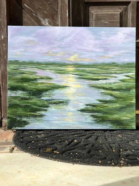 Purple Haze — full painting view, horizontal marsh landscape at sunset by Sally Burroughs